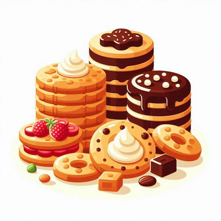 Illustration of a set of cookies with cream and berries on a white backgroundのイラスト素材