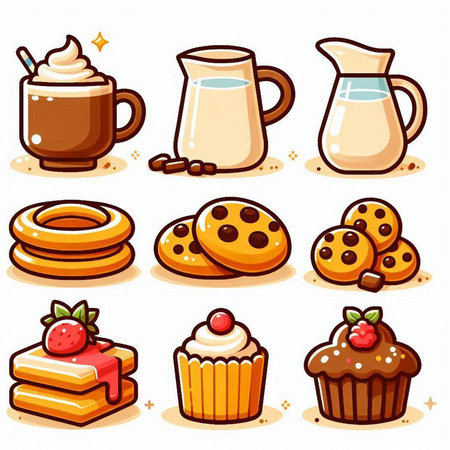 Coffee and cookies icons set. Vector illustration in cartoon styleのイラスト素材
