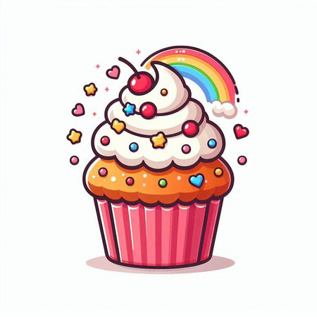 Cupcake with heart shaped sprinkles and rainbow. Vector illustration.のイラスト素材