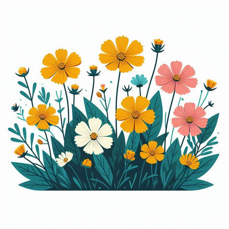 Flower background with cosmos flowers. Hand drawn vector illustration in vintage style.のイラスト素材