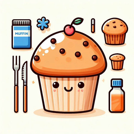 Cute cupcake character with food related icons. Vector illustration.のイラスト素材