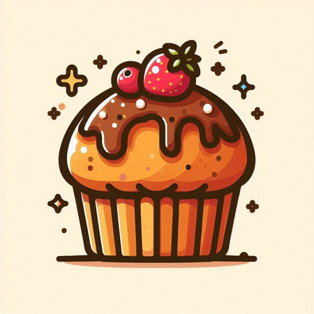 Cupcake with strawberries and chocolate. Hand drawn vector illustration.のイラスト素材