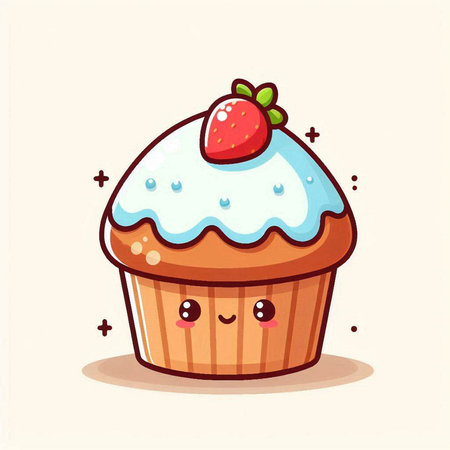 Cute cupcake with strawberry. Vector illustration. Cartoon style.のイラスト素材