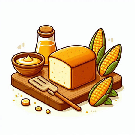 Illustration of bread and corn on a wooden board. Vector illustrationのイラスト素材