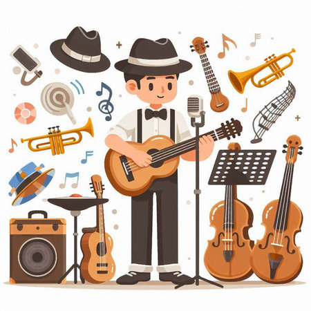 Musician with musical instruments. Vector illustration in flat cartoon style.のイラスト素材
