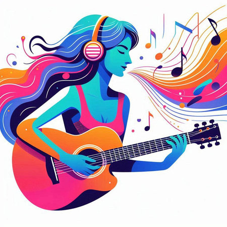 Beautiful girl with a guitar and music notes. Vector illustration.のイラスト素材