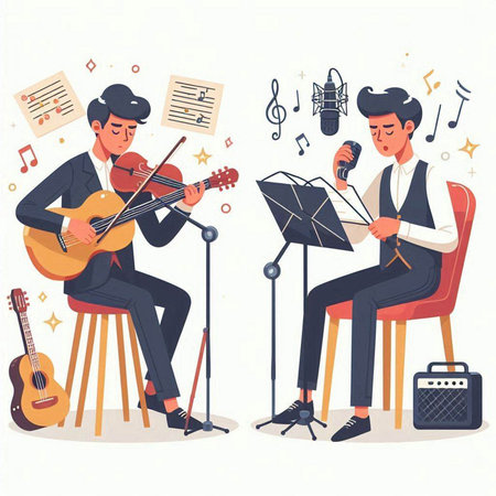 Musicians with musical instruments. Vector illustration in flat cartoon style.のイラスト素材