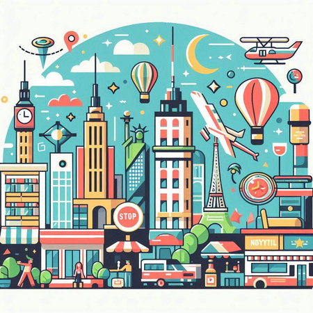 Vector illustration of cityscape in flat style. Travel and tourism.のイラスト素材