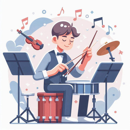 Musician playing on the drums and violin. Vector illustration in cartoon styleのイラスト素材