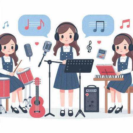 Cute little girl playing musical instruments. Vector illustration in cartoon style.のイラスト素材