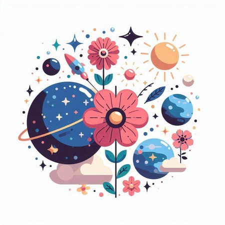 Flowers and planets in space. Vector illustration in flat style.のイラスト素材