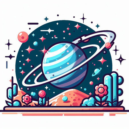 Space background with planets, stars and flowers. Vector flat illustration.のイラスト素材