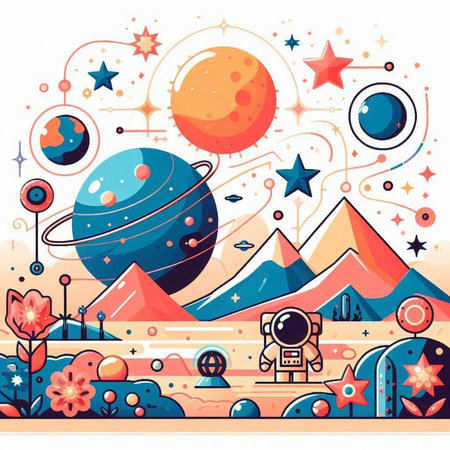 Cartoon vector illustration of planets, stars, sun and space theme.のイラスト素材