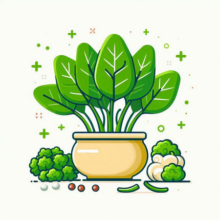 Ceramic pot with green leaves and vegetables. Vector illustration.のイラスト素材