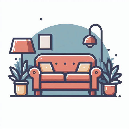 Living room with sofa, lamp and plants. Flat style vector illustration.のイラスト素材