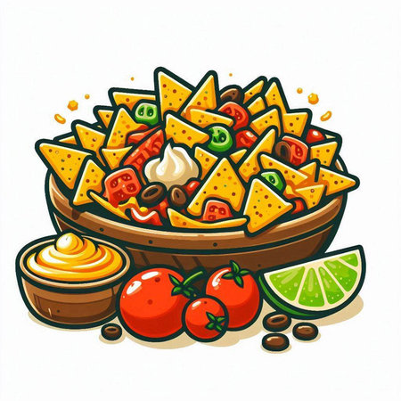 Nachos with guacamole sauce and ingredients. Hand drawn vector illustration.のイラスト素材