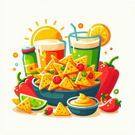 Mexican food vector illustration. Nachos, salsa, guacamole, lime, pepper, tomato, lime and beer.のイラスト素材