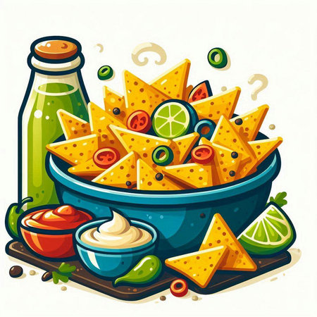 Mexican nachos chips in bowl with sauce, guacamole and lime. Vector illustrationのイラスト素材