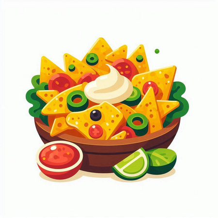 Mexican nachos with salsa and guacamole. Vector illustrationのイラスト素材