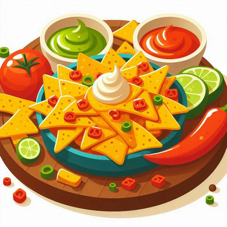 Mexican nachos with salsa and guacamole. Vector illustrationのイラスト素材