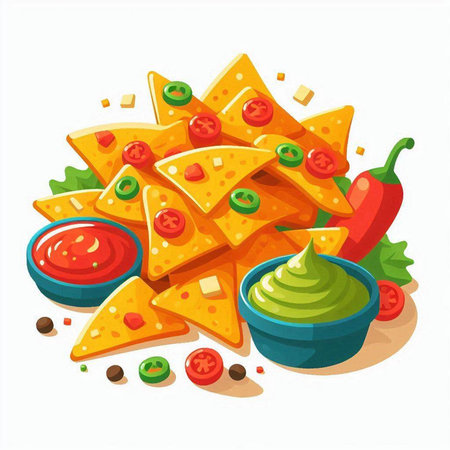 Mexican nachos with guacamole and cheese, vector illustrationのイラスト素材