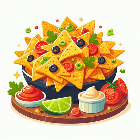 Mexican nachos with guacamole sauce, cherry tomatoes, olives and lime. Vector illustrationのイラスト素材