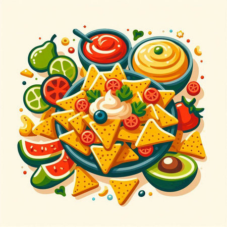 Nachos with guacamole, cherry tomatoes, avocado and cheese. Vector illustrationのイラスト素材
