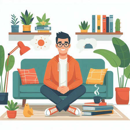 Young man sitting on the floor in the living room. Vector illustration.のイラスト素材