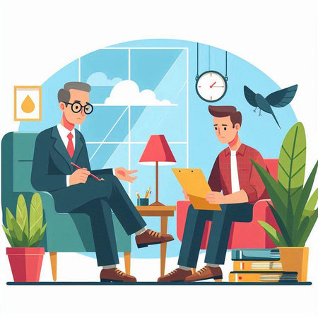 Businessman and Businessman Sitting on Sofa in Office. Vector Illustrationのイラスト素材