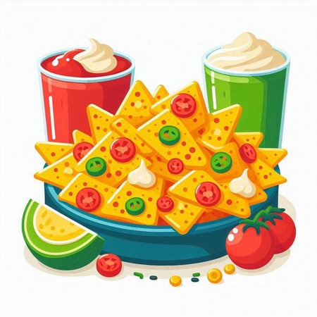 Mexican nachos with sauce. Vector illustration on white background.のイラスト素材