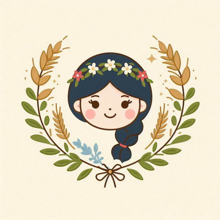 Cute girl in a wreath of leaves and flowers. Vector illustration.のイラスト素材