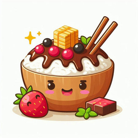 Cute cartoon bowl of rice with fruits and berries, vector illustrationのイラスト素材