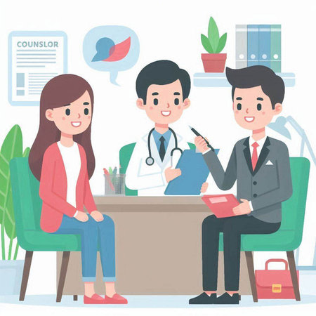Male and female doctors and patients are talking in the office. Vector illustration.のイラスト素材