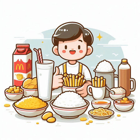 Illustration of a Kid Boy Eating French Fries with Milk and Pastaのイラスト素材