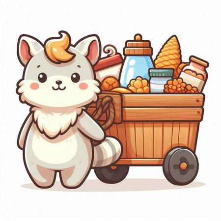 Cute cartoon cat with a wooden cart full of food. Vector illustration.のイラスト素材