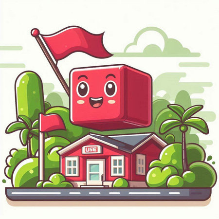 Cute cartoon house with red flag on the roof. Vector illustration.のイラスト素材