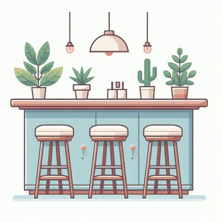 Vector illustration of bar counter with stools and potted plants.のイラスト素材