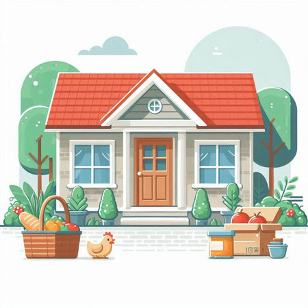 Cute cartoon house in the countryside. Vector illustration. Eps 10のイラスト素材