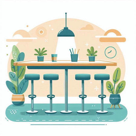Cafe interior with tables and chairs. Vector illustration in flat styleのイラスト素材
