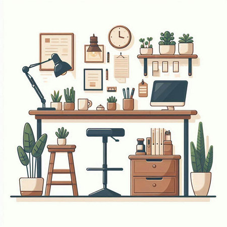 Interior of home office. Workplace with desk, chair, lamp and plants. Vector illustrationのイラスト素材