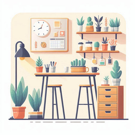 Interior of living room with furniture and plants. Flat vector illustration.のイラスト素材