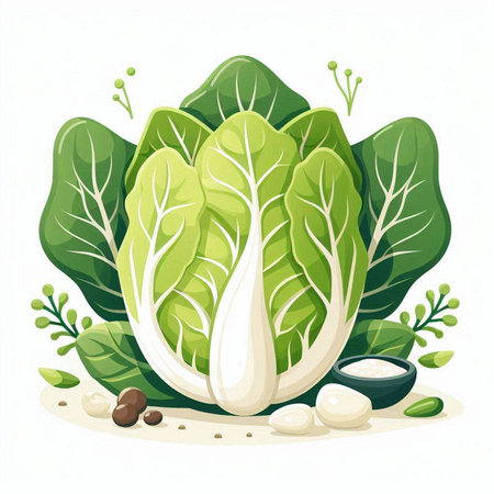 Vector illustration of fresh chinese cabbage with green leaves and spices.のイラスト素材