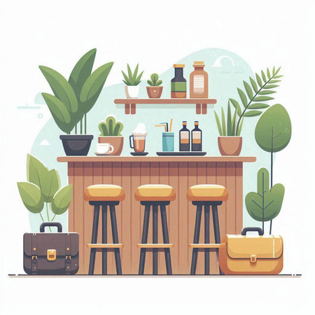 Coffee shop interior with bar counter, chair and plants. Vector illustrationのイラスト素材