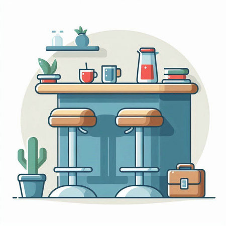 Bar counter flat vector illustration. Bar interior design with furniture and accessories.のイラスト素材