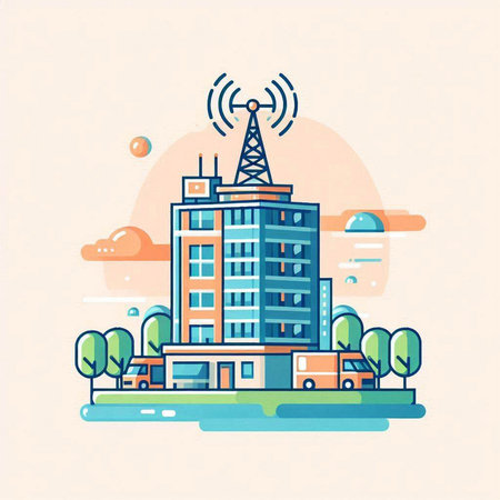 Vector illustration of modern flat design concept of telecommunication tower and buildingのイラスト素材