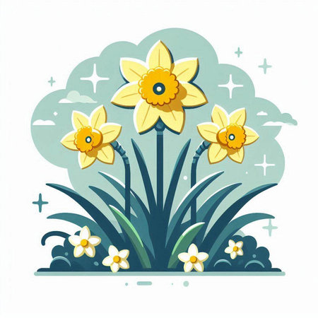 Daffodil flowers in the grass. Spring card. Vector illustration.のイラスト素材