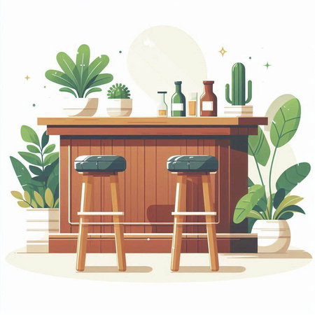 Vector illustration of bar interior with bar counter, chairs and plants.のイラスト素材