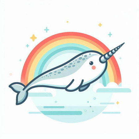 Cute narwhal with rainbow in the sky. Vector illustration.のイラスト素材