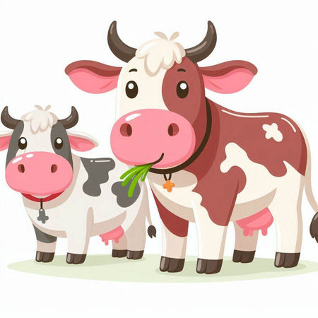 Illustration of Cute Cow and Herd of Cows Posing Togetherのイラスト素材