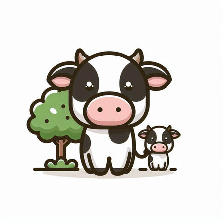 Cute cow and little black and white calf cartoon vector illustration.のイラスト素材